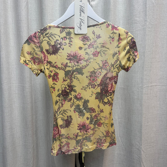 Just Cavalli Yellow Floral Ruffle V-Neck Short Sleeve Top