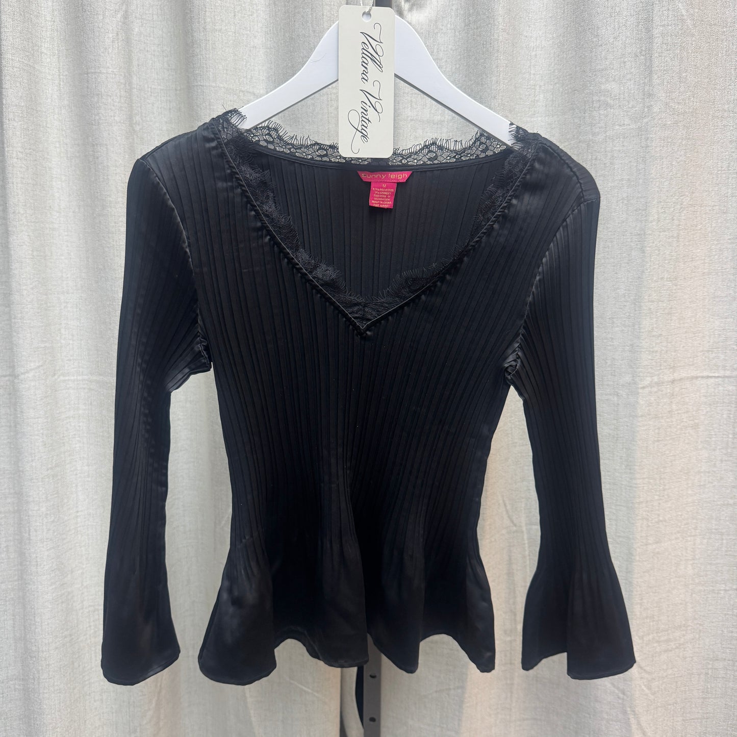 Black Pleated Bell Sleeve V-Neck Blouse