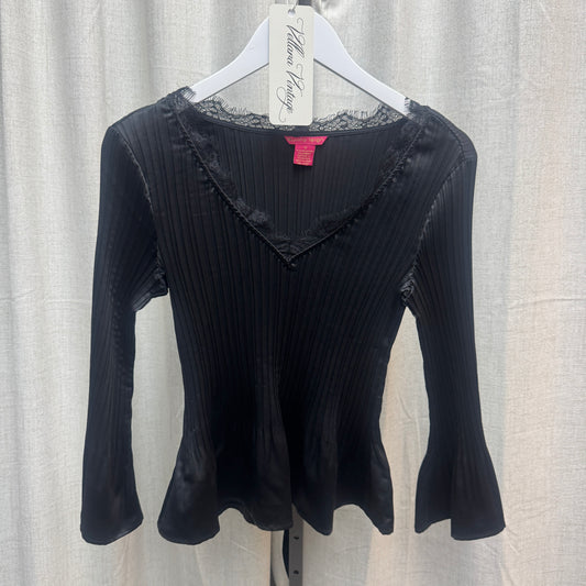 Black Pleated Bell Sleeve V-Neck Blouse