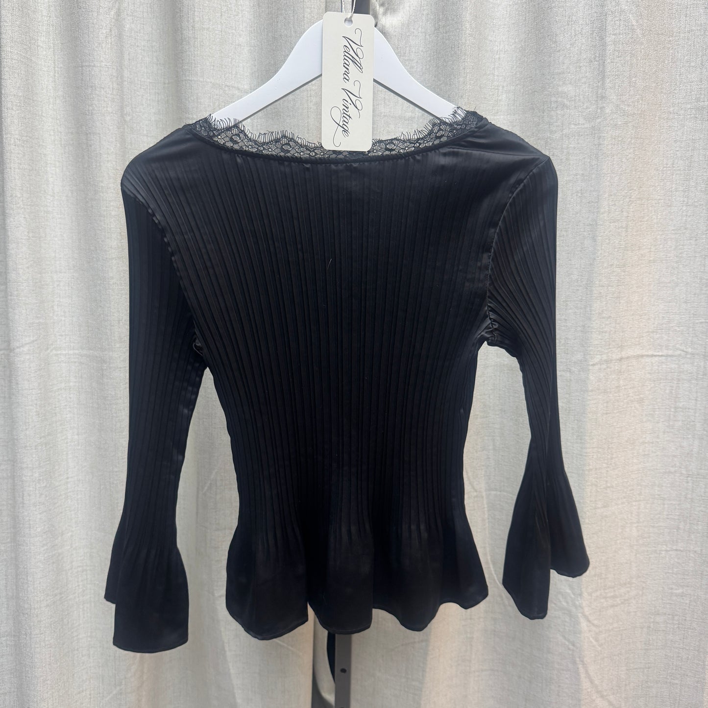Black Pleated Bell Sleeve V-Neck Blouse