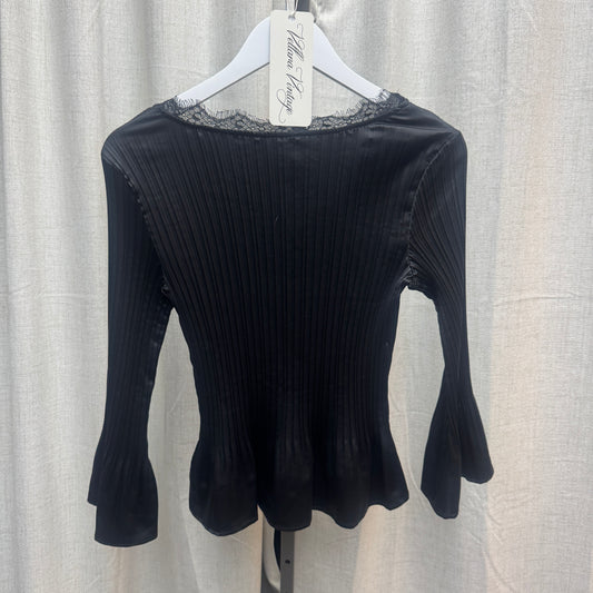 Black Pleated Bell Sleeve V-Neck Blouse