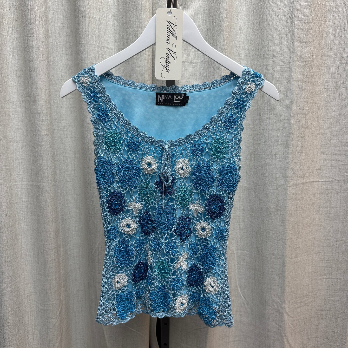 Nina Loo Blue Multicolored Floral Crochet Tank Top