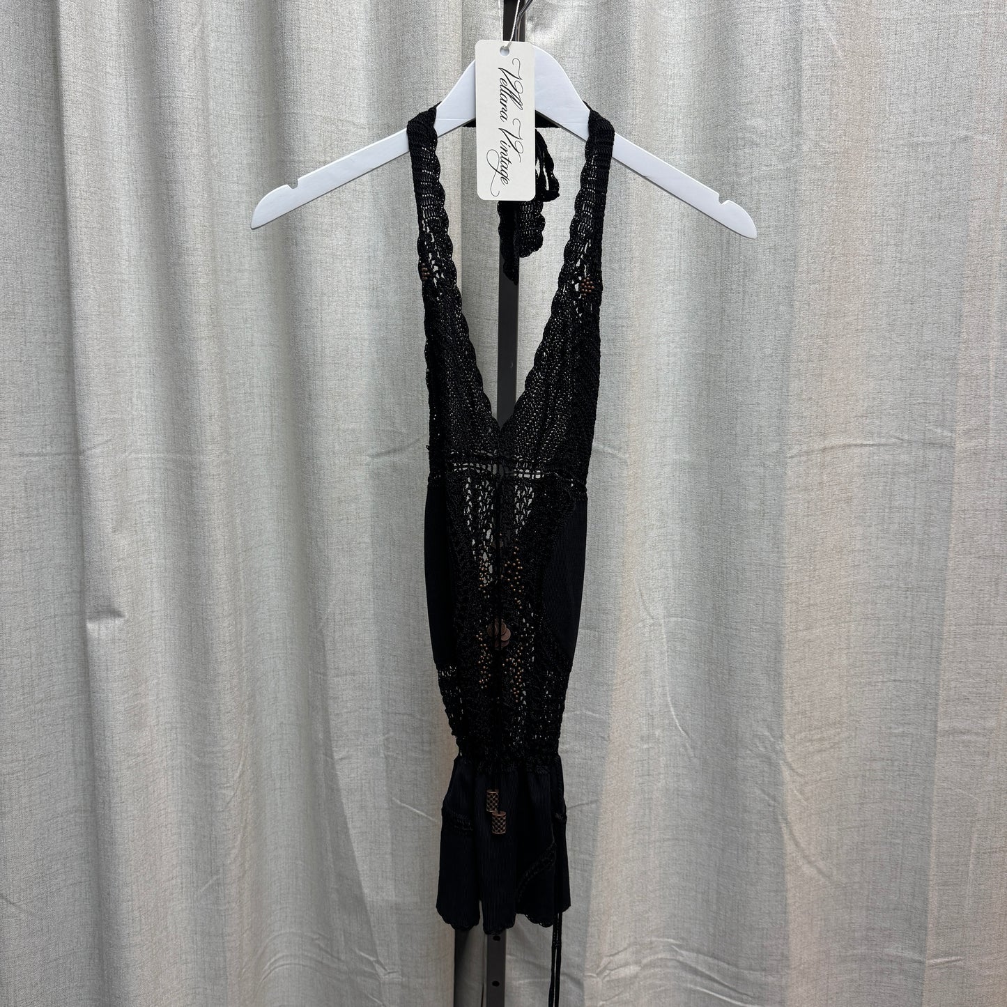 Black Beaded Halter Tie Crochet Tank Top
