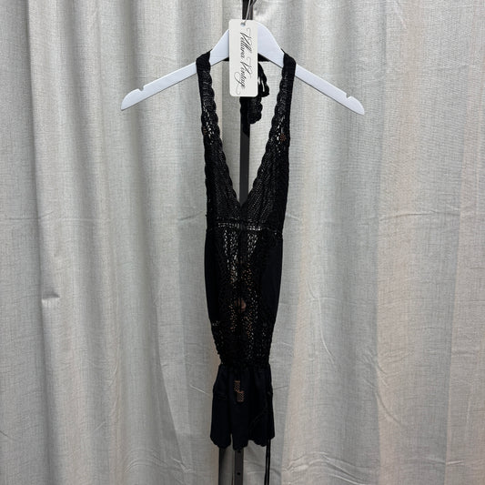 Black Beaded Halter Tie Crochet Tank Top