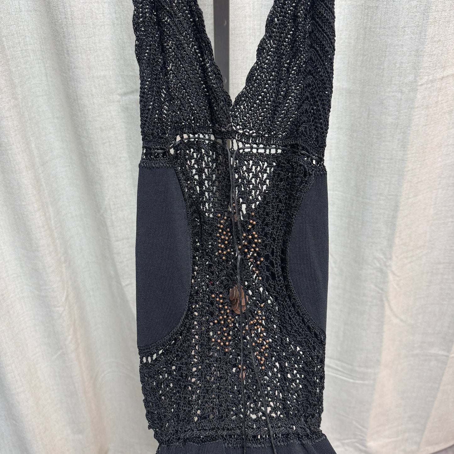 Black Beaded Halter Tie Crochet Tank Top