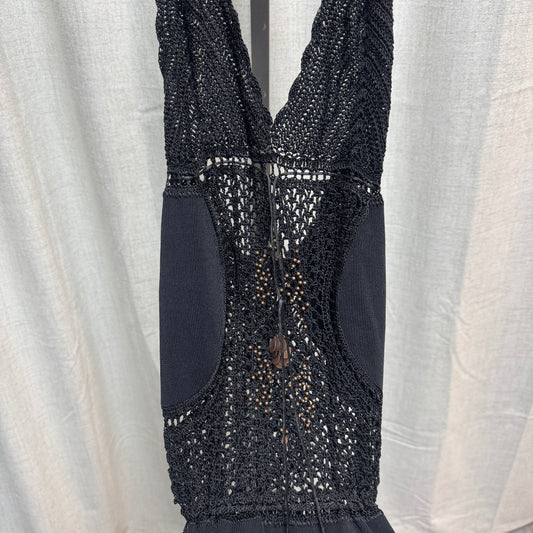 Black Beaded Halter Tie Crochet Tank Top