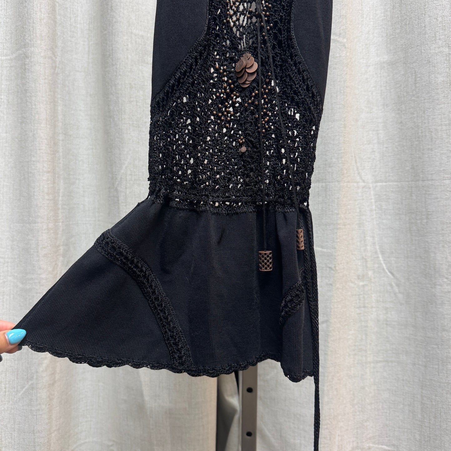 Black Beaded Halter Tie Crochet Tank Top