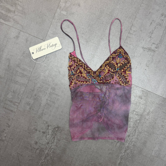Morgan de Toi Beaded Purple Sheer Tie Back Tank Top
