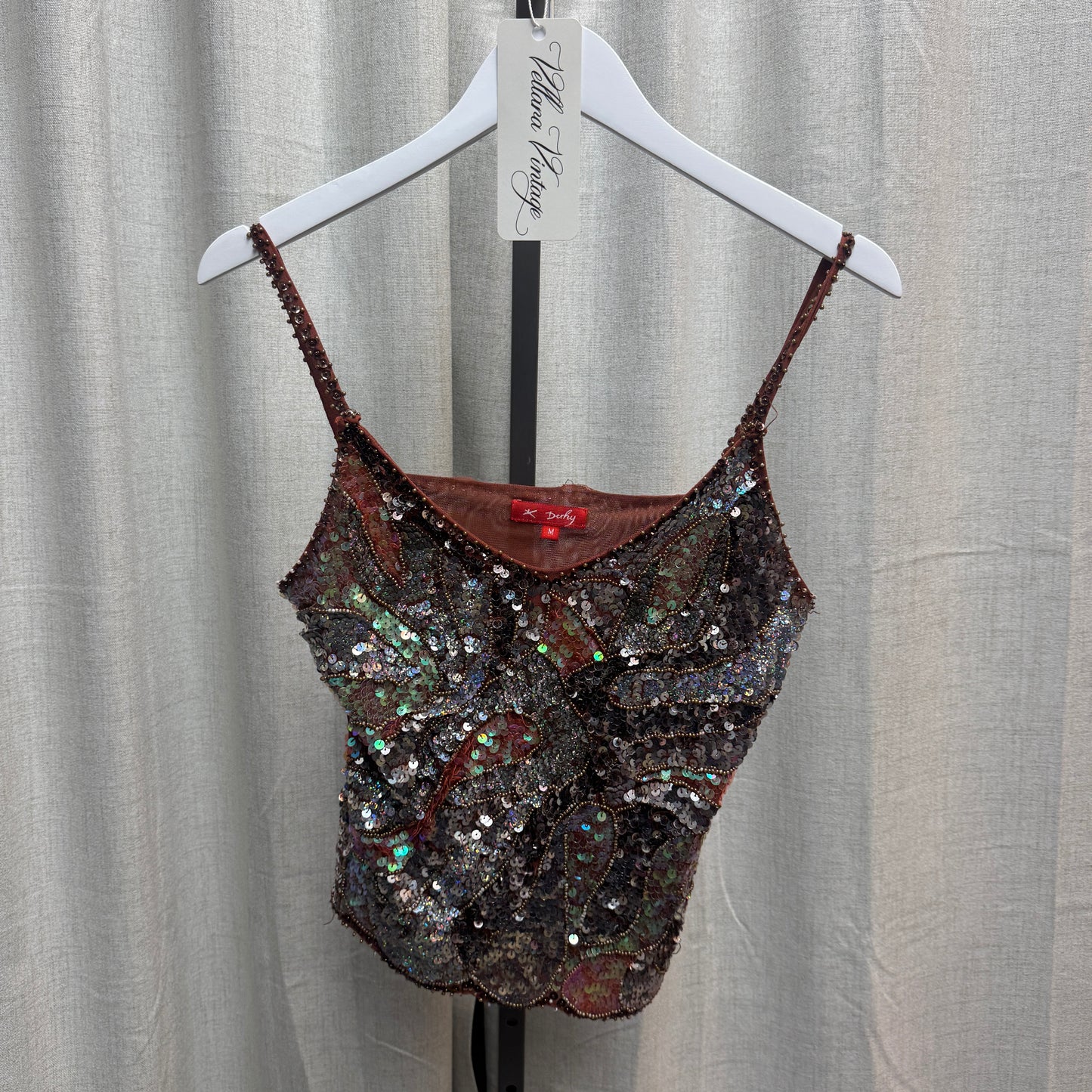 Derby Brown Sequin Embellished Mesh Tank Top