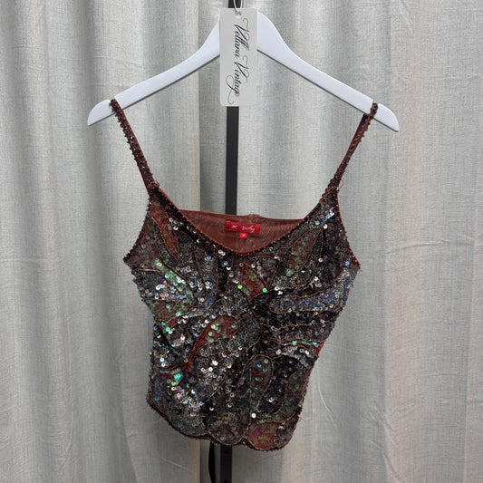 Derby Brown Sequin Embellished Mesh Tank Top