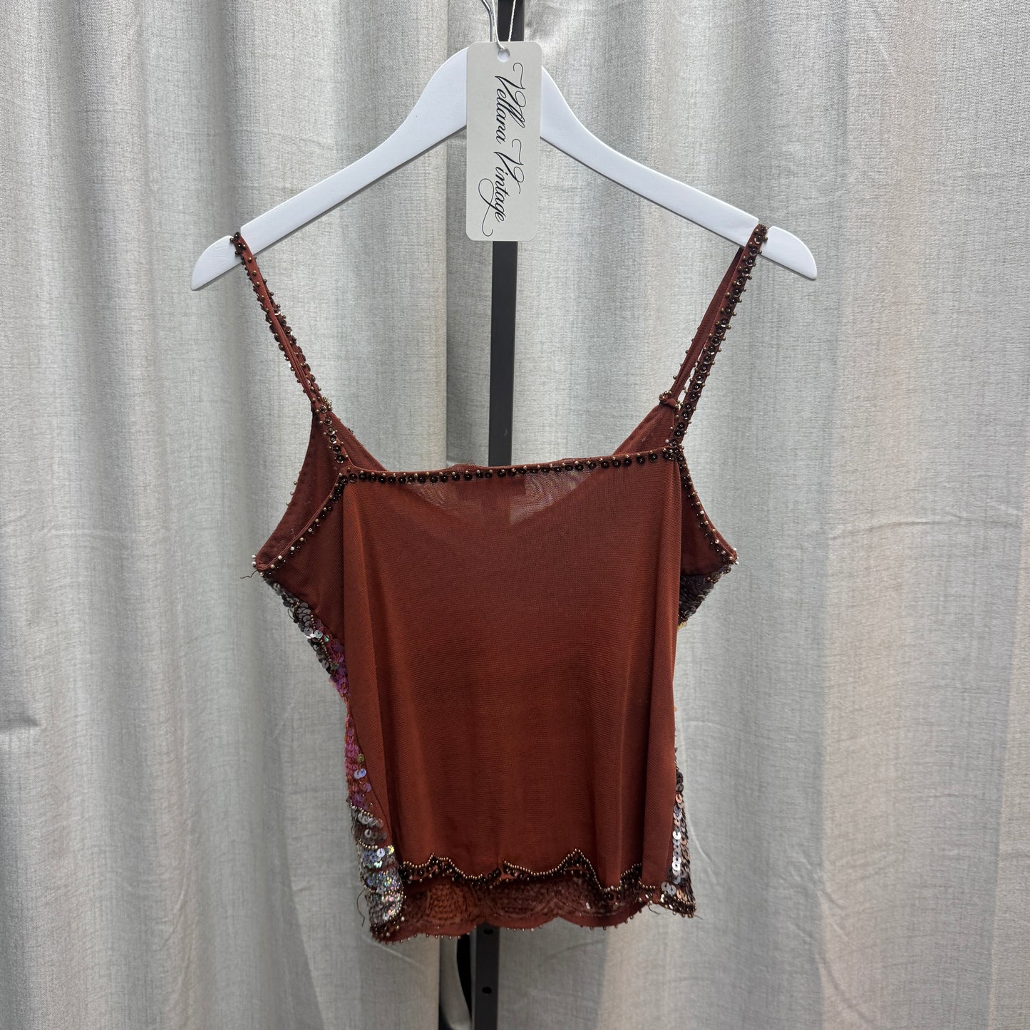 Derby Brown Sequin Embellished Mesh Tank Top