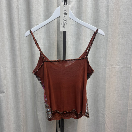 Derby Brown Sequin Embellished Mesh Tank Top