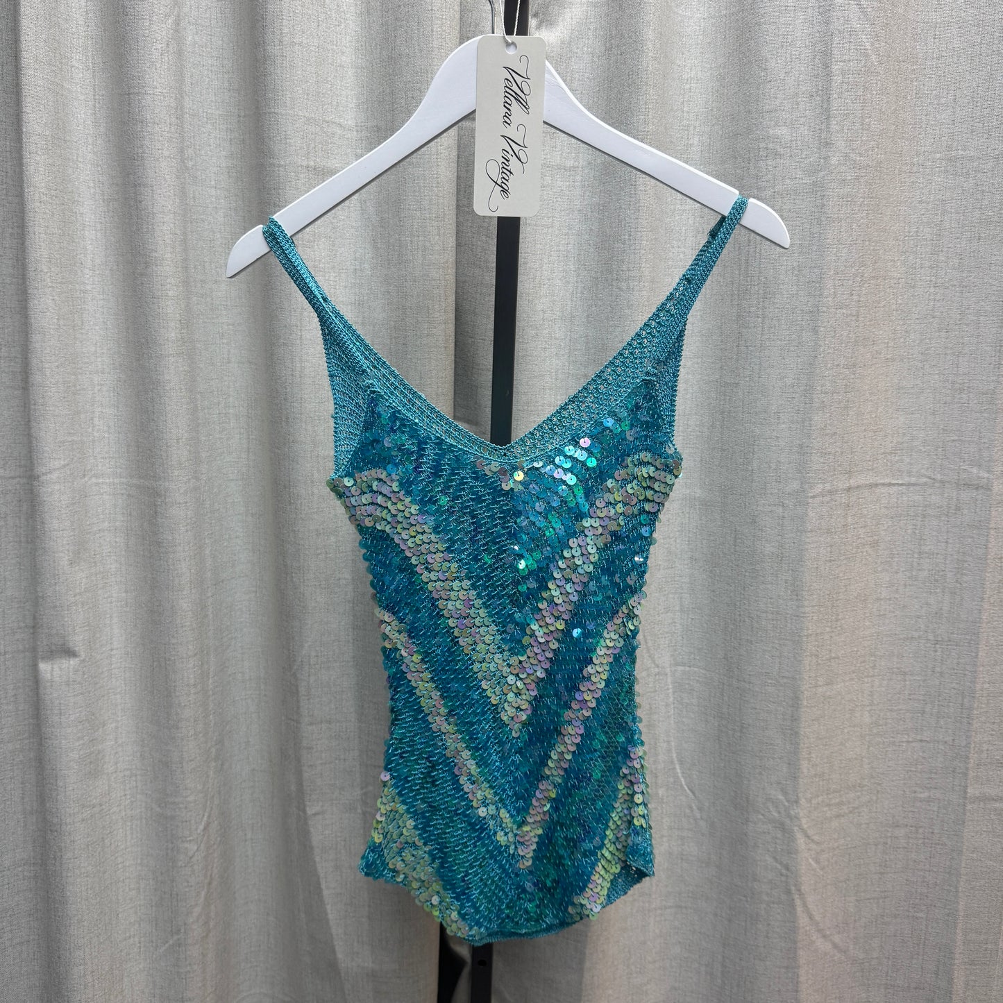 Blue and Silver Chevron Sequin Crochet Tank Top