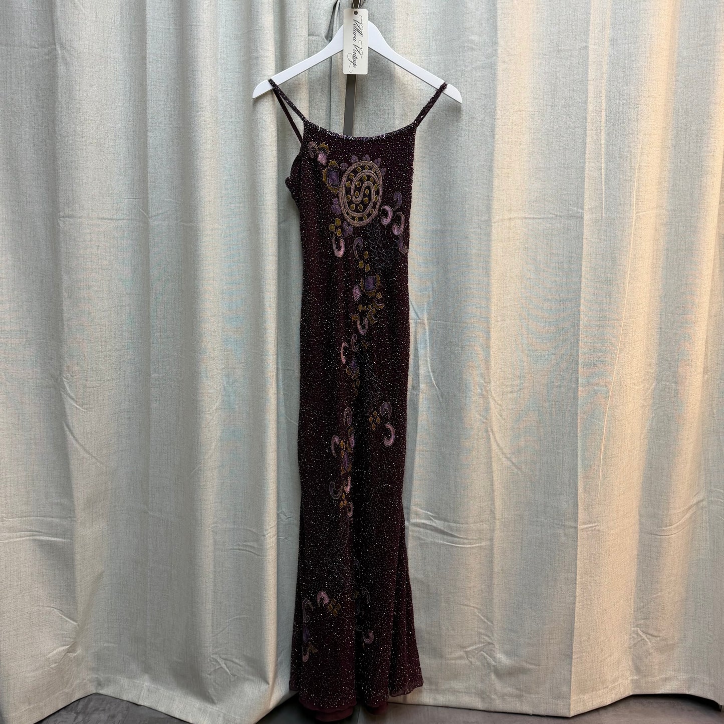 Beaded and Embroidered Burgundy Silk Maxi Dress