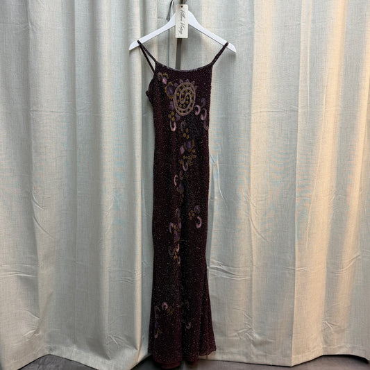 Beaded and Embroidered Burgundy Silk Maxi Dress