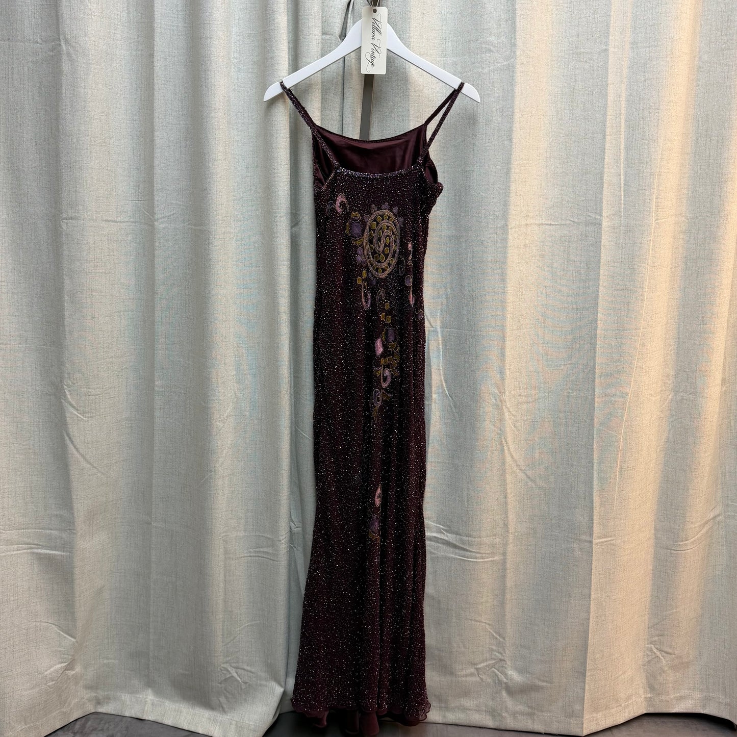 Beaded and Embroidered Burgundy Silk Maxi Dress
