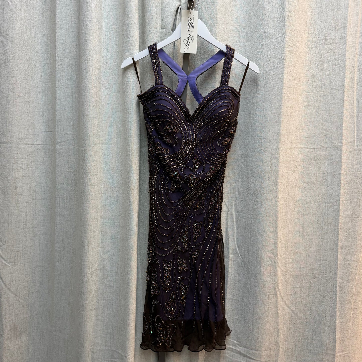Purple Beaded Silk Halter Midi Dress