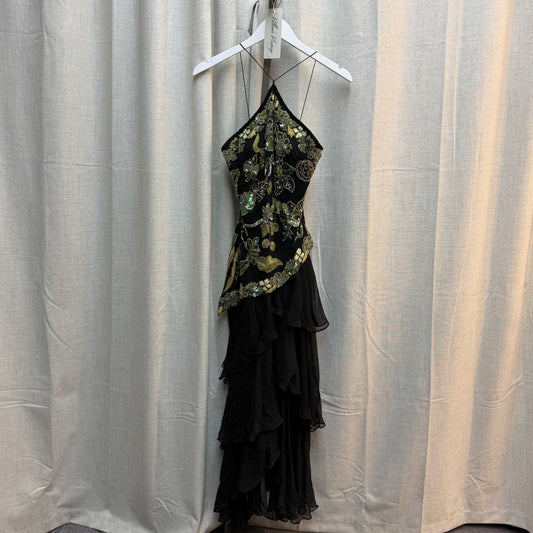 Black Embroidered Silk Ruffled Maxi Dress