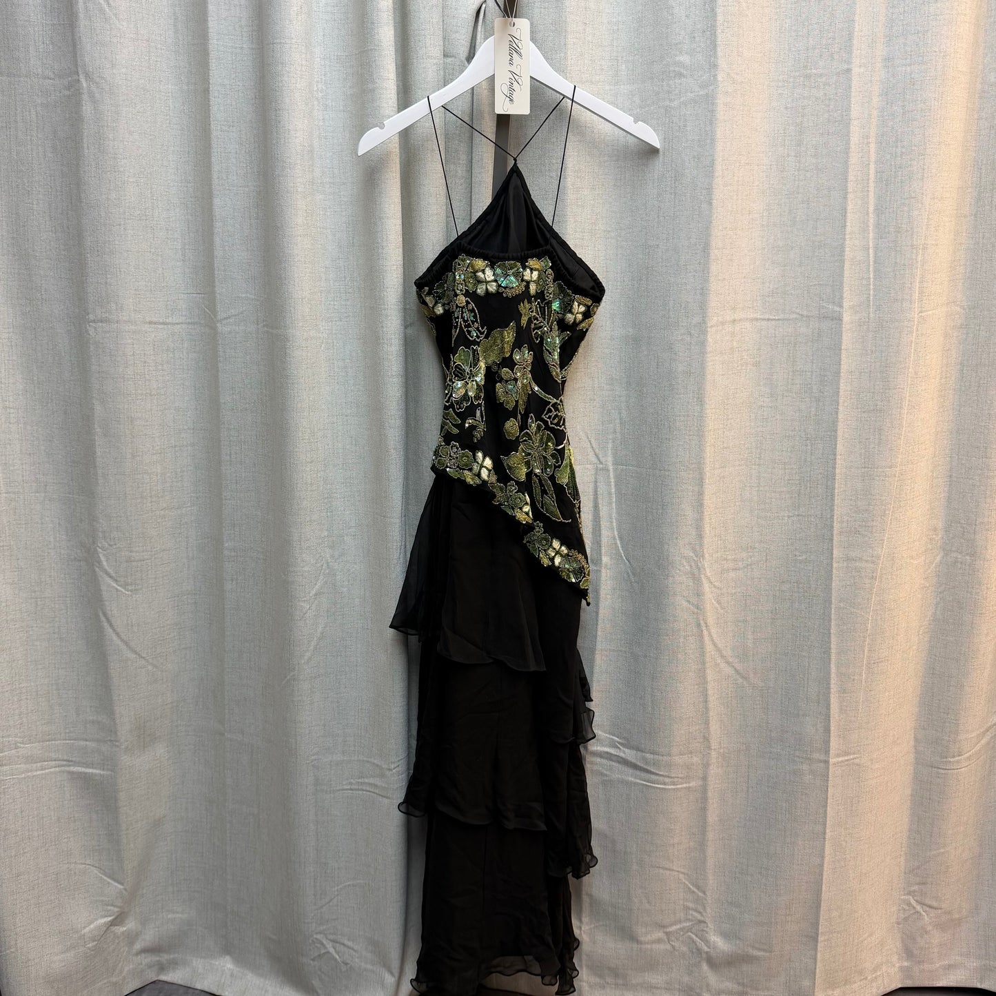 Black Embroidered Silk Ruffled Maxi Dress