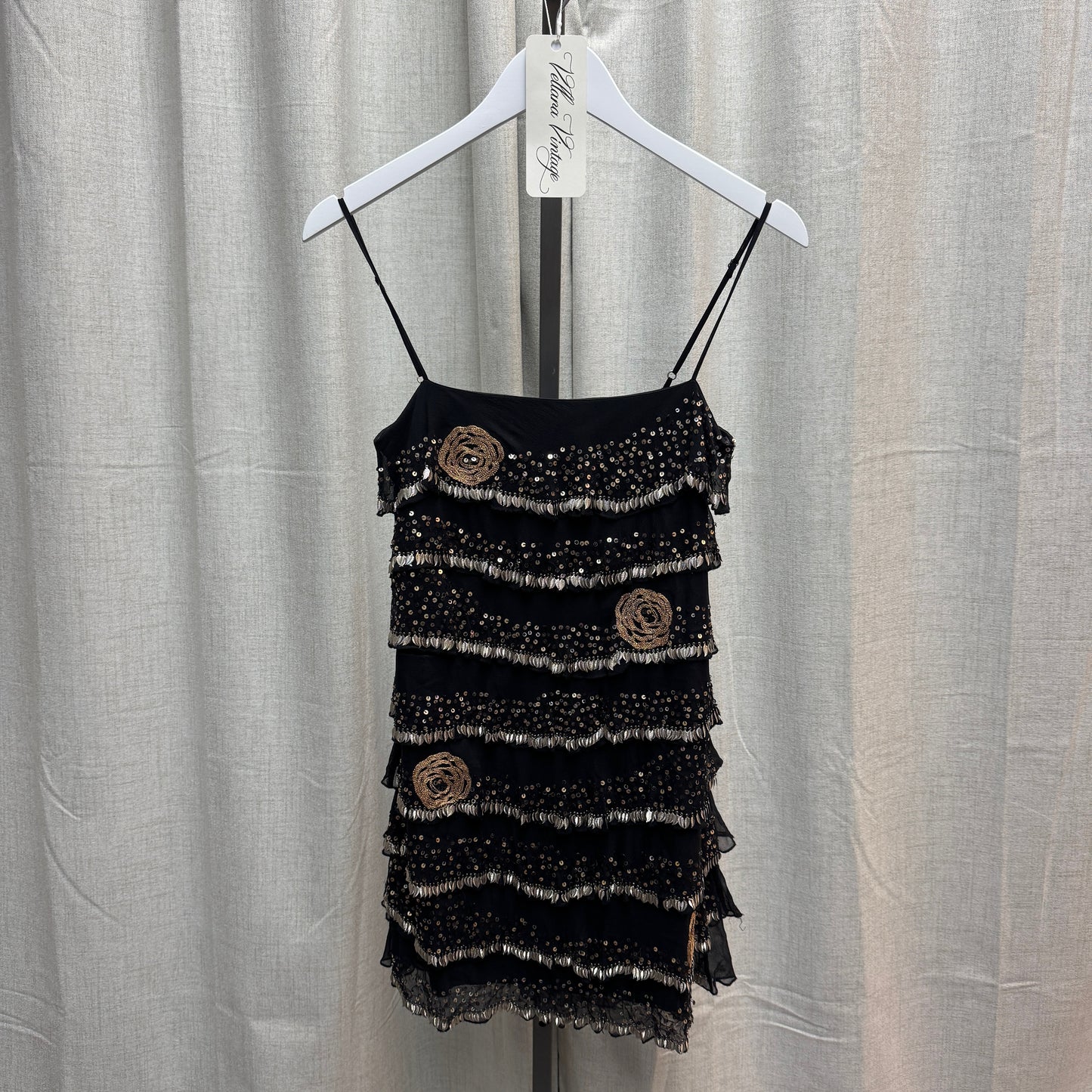 Black & Gold Silk Sequin Layered Mini Dress