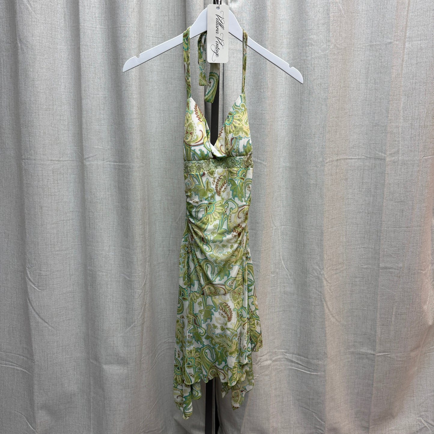 Green Paisley Ruched Halter Midi Dress