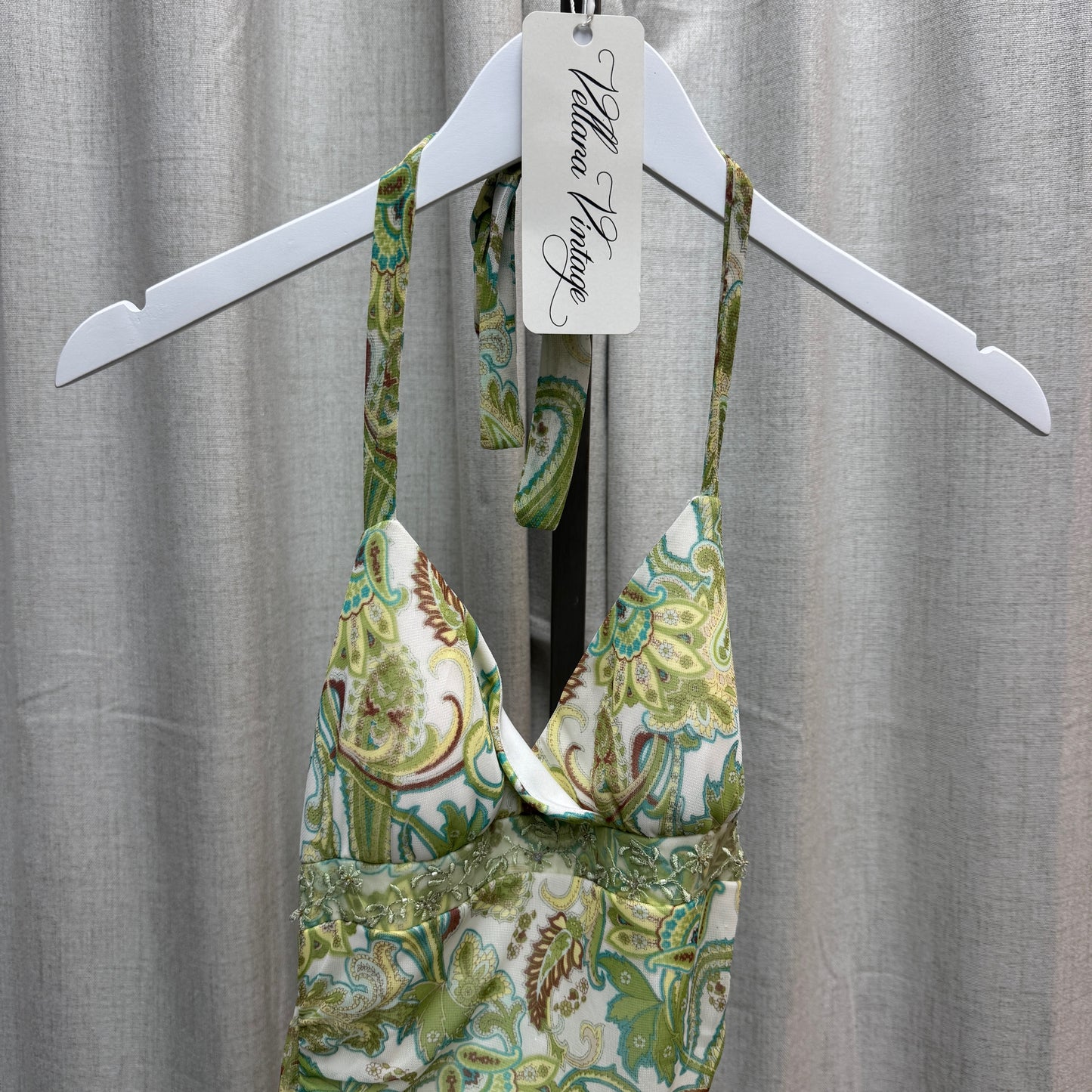 Green Paisley Ruched Halter Midi Dress