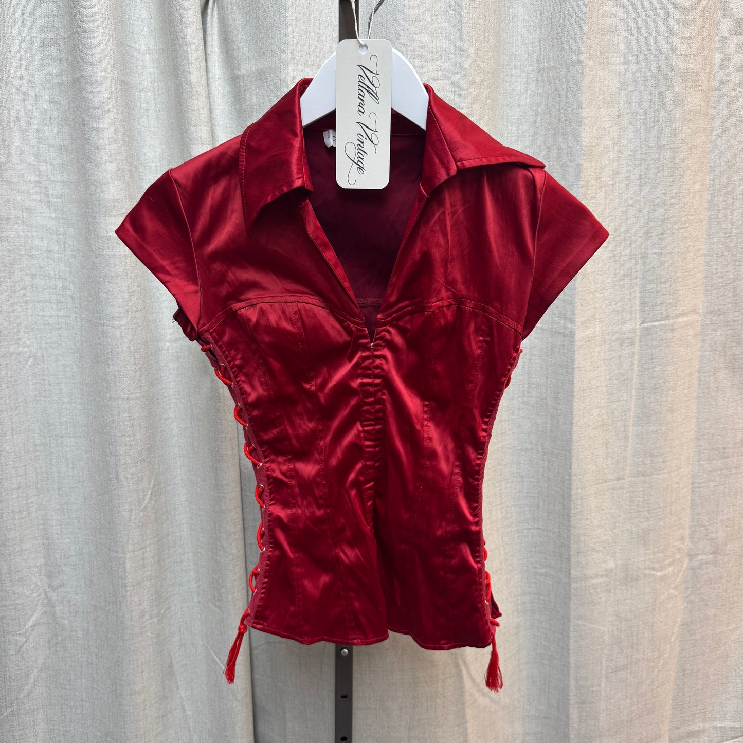 Red Satin Lace-Up Corset Blouse