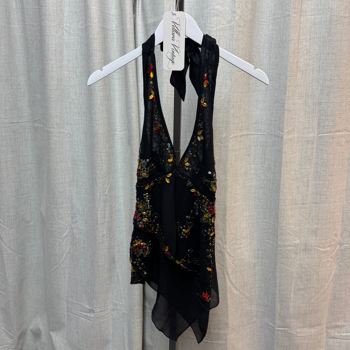Black Asymmetrical Floral Beaded Halter Top