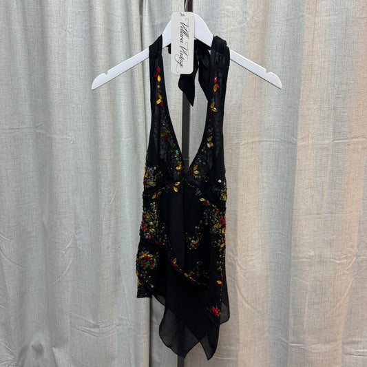 Black Asymmetrical Floral Beaded Halter Top