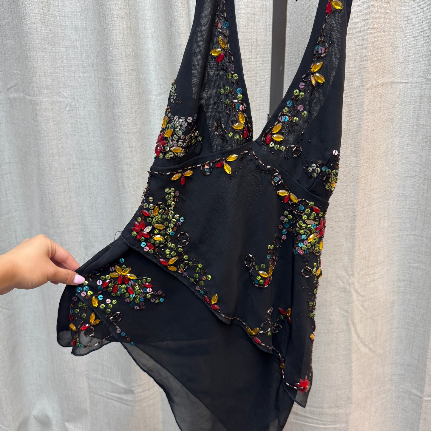 Black Asymmetrical Floral Beaded Halter Top