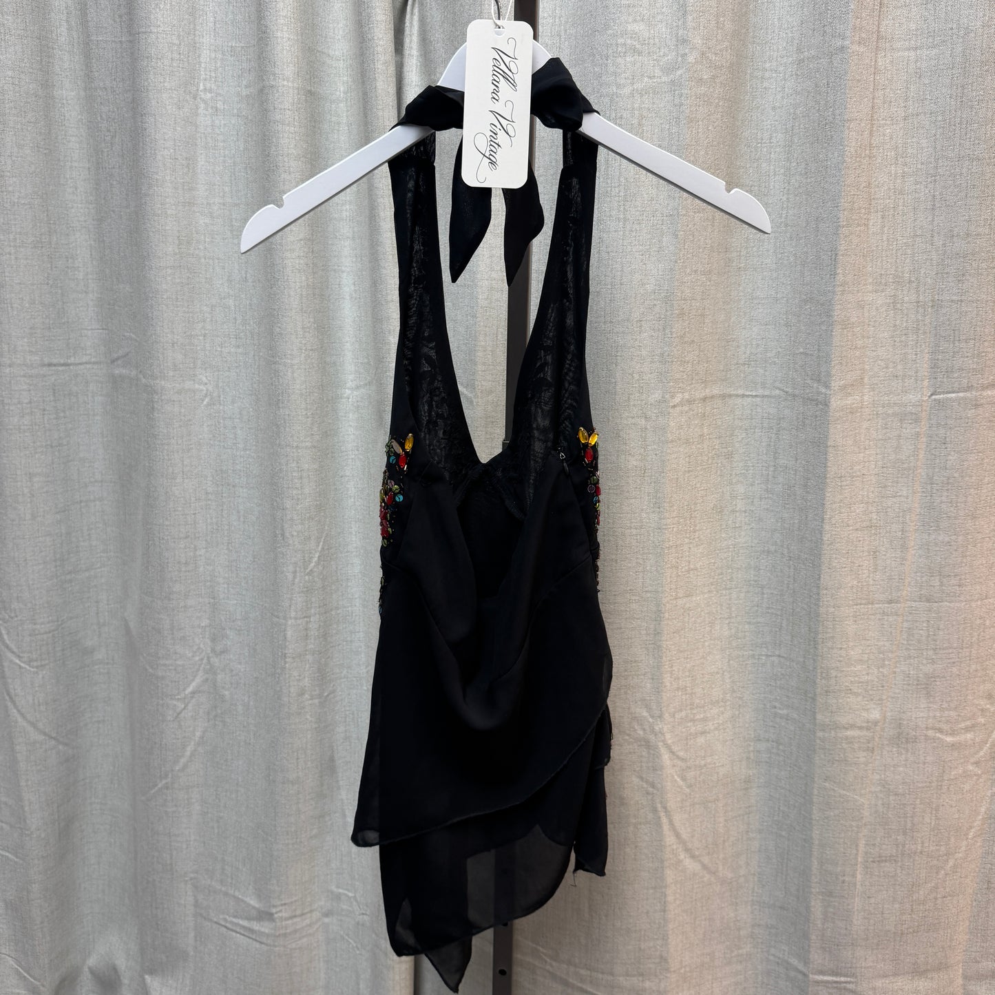 Black Asymmetrical Floral Beaded Halter Top
