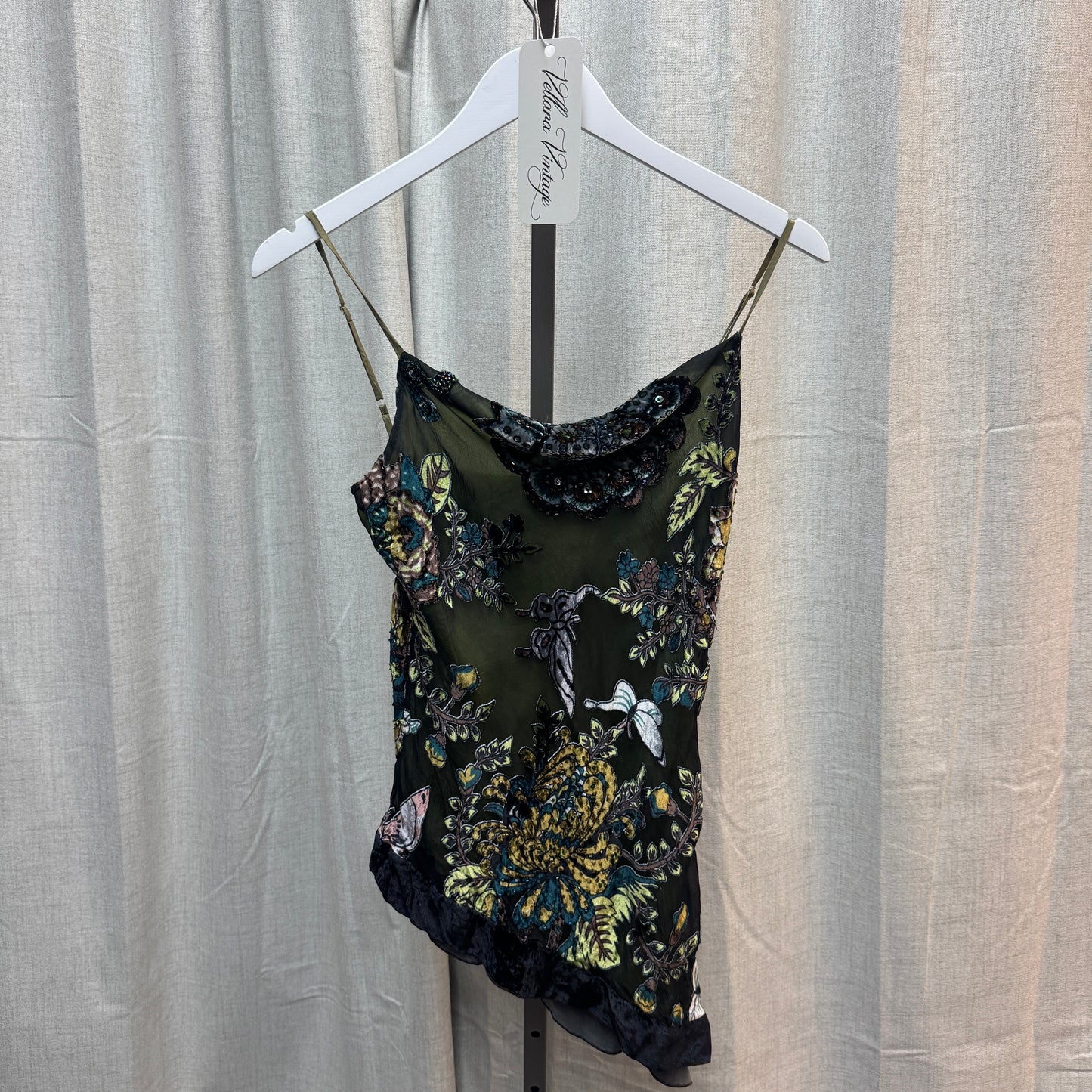 Green Sheer Floral Velvet Asymmetrical Tank Top
