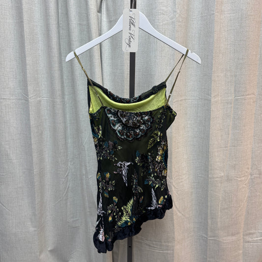 Green Sheer Floral Velvet Asymmetrical Tank Top