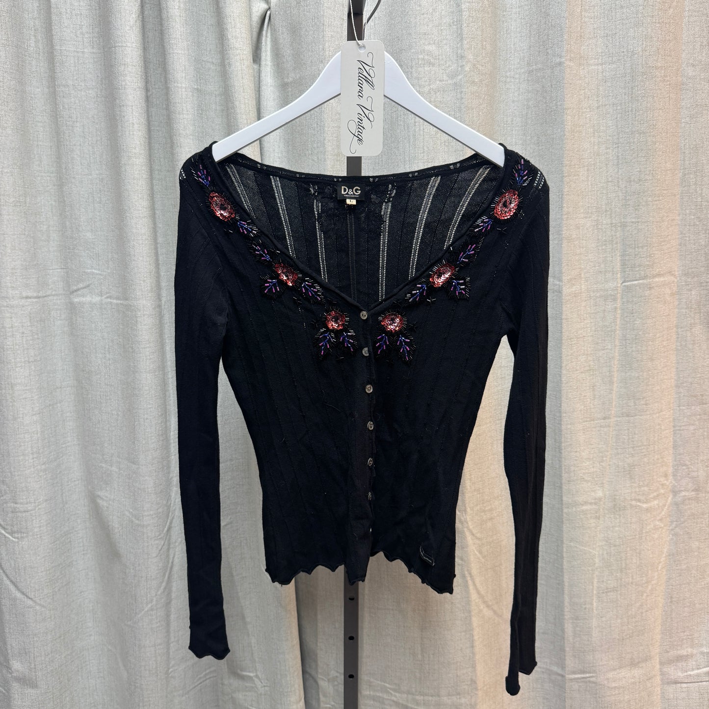 D&G Sequin Floral Black Knit Cardigan and Tank Set