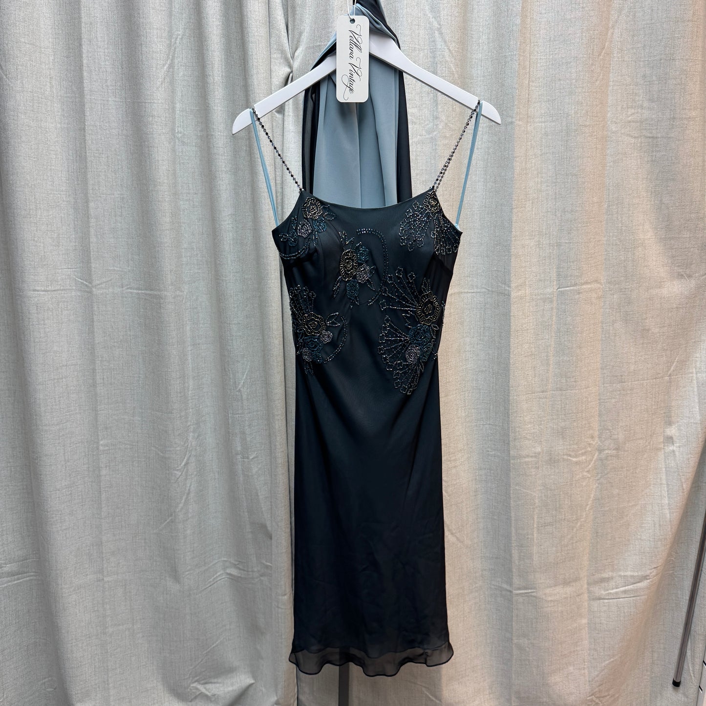 Blue Beaded Midi Dress with Scarf