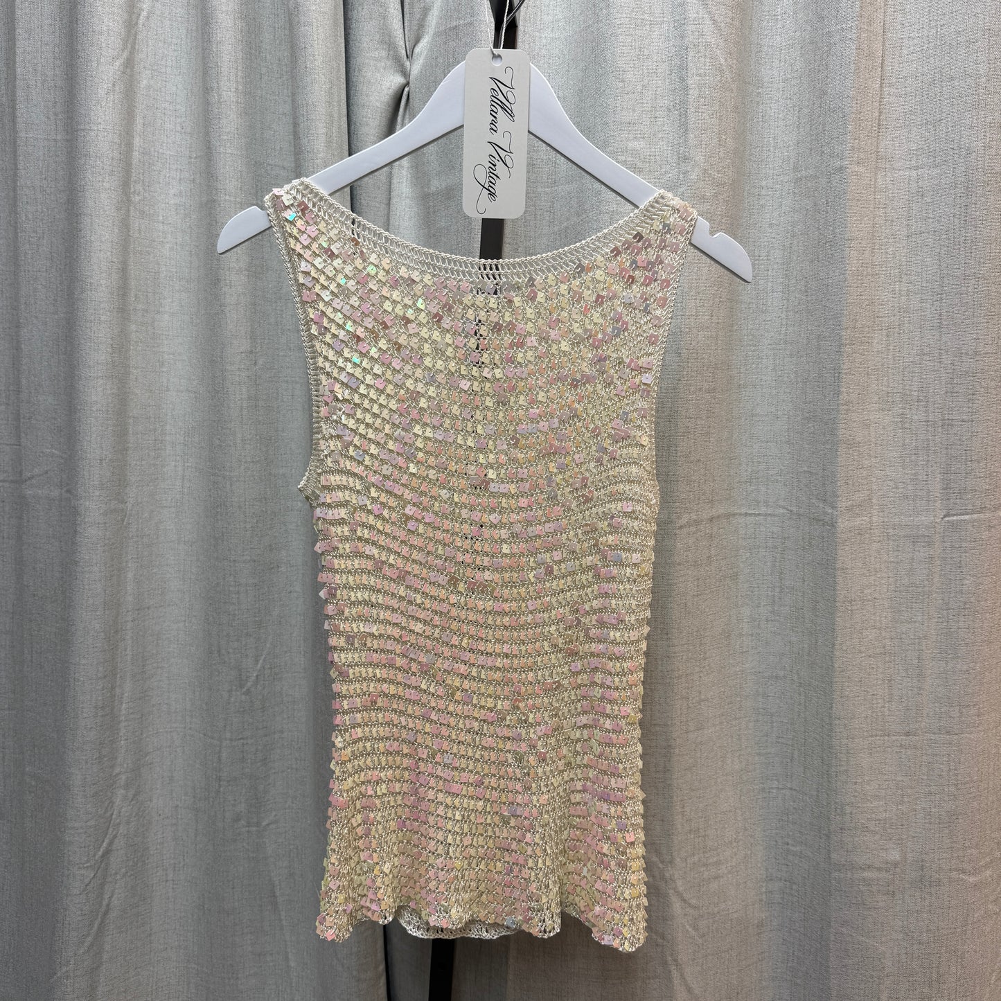 Cream Iridescent Sequin Crochet Tank Top