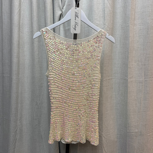 Cream Iridescent Sequin Crochet Tank Top