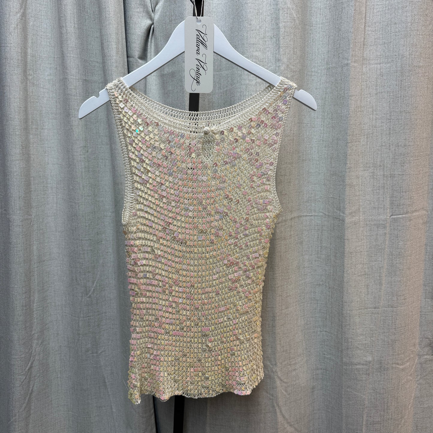 Cream Iridescent Sequin Crochet Tank Top