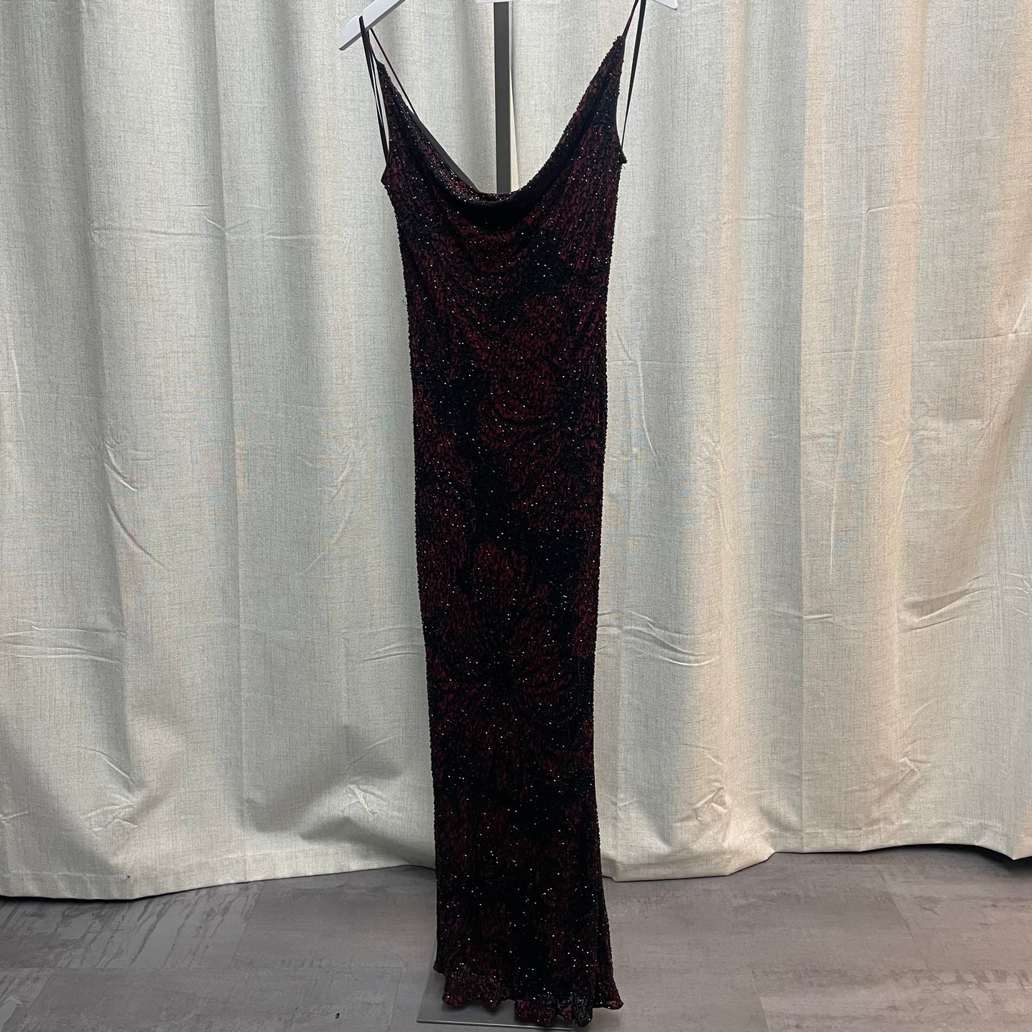 Red and Black Cowl Neck Beaded Silk Maxi Gown