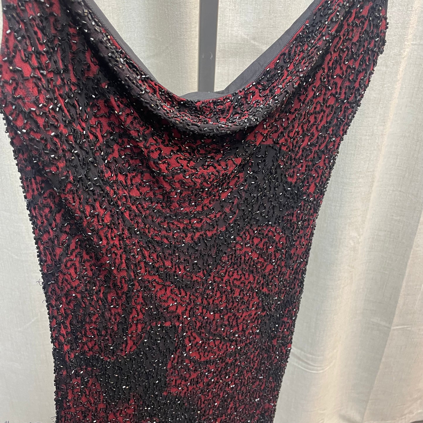 Red and Black Cowl Neck Beaded Silk Maxi Gown