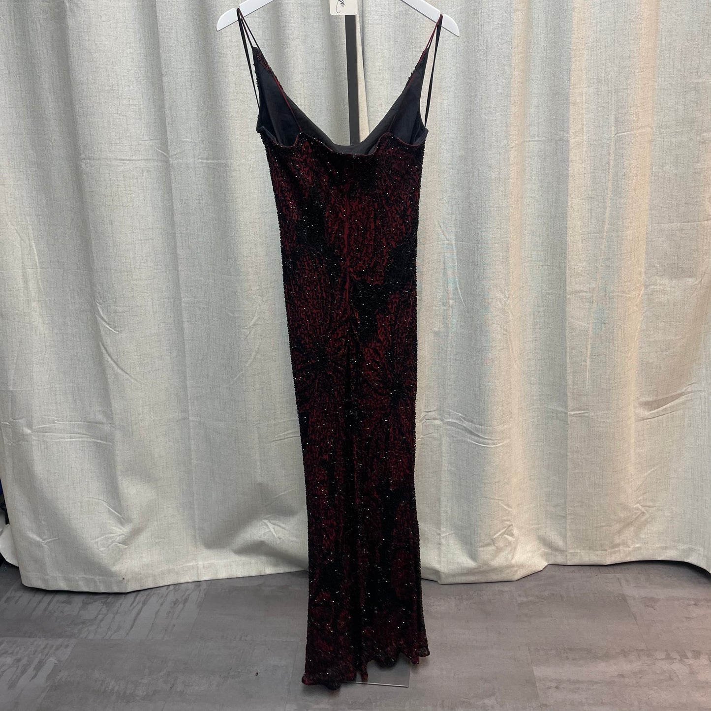 Red and Black Cowl Neck Beaded Silk Maxi Gown