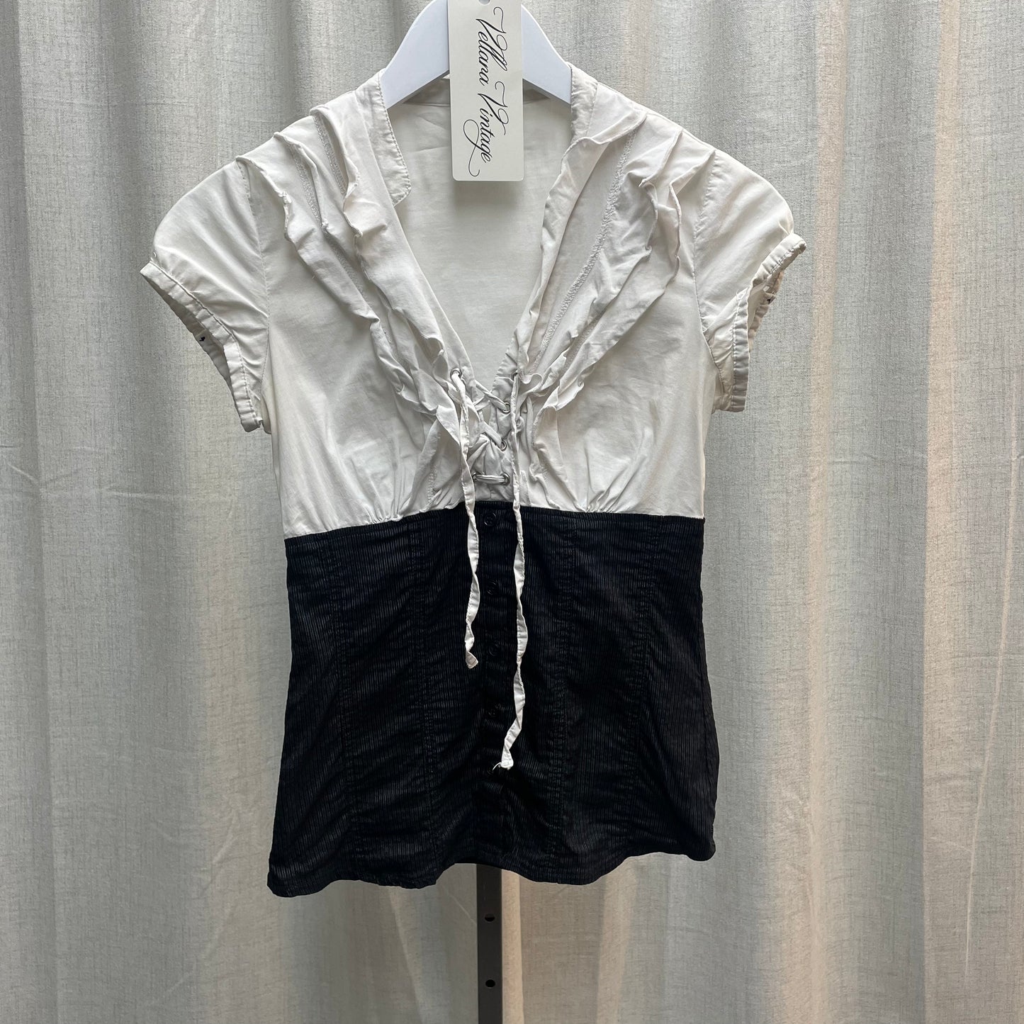 Pinstripe White Lace-Up Short Sleeve Blouse