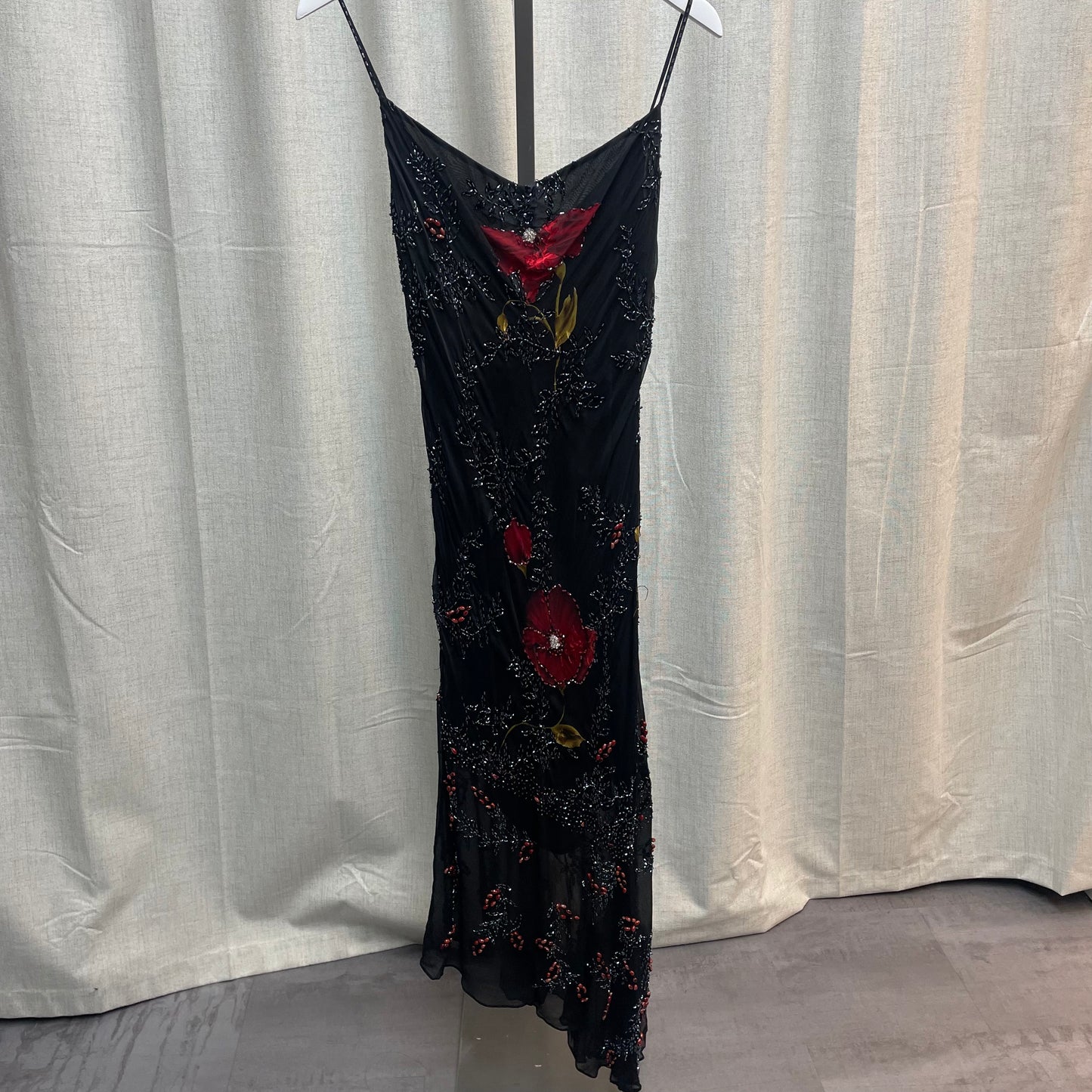Black and Red Floral Beaded Asymmetrical Hem Silk Midi Dress