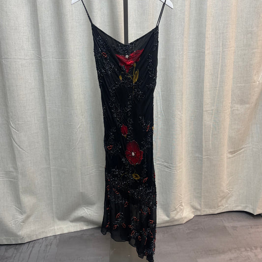 Black and Red Floral Beaded Asymmetrical Hem Silk Midi Dress