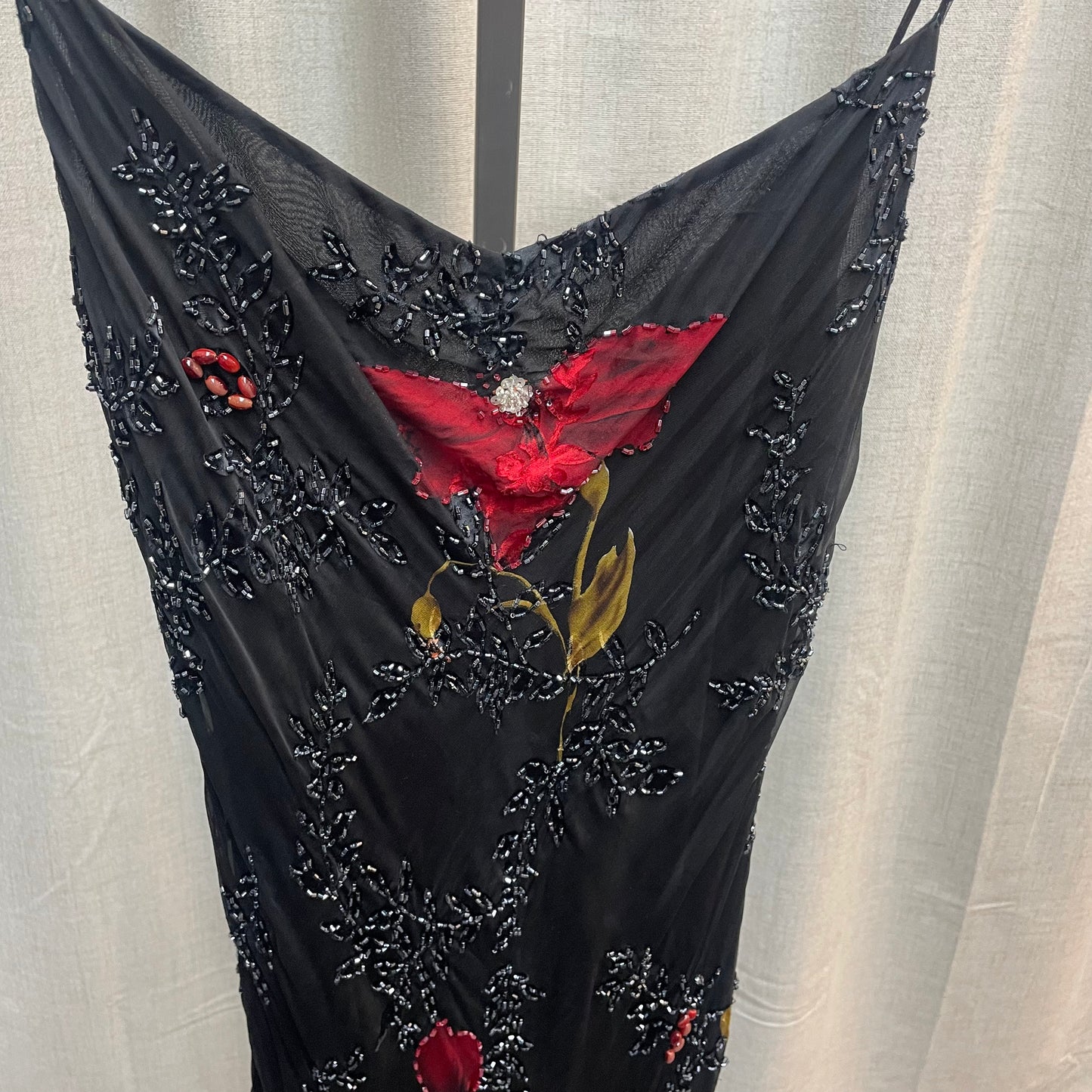 Black and Red Floral Beaded Asymmetrical Hem Silk Midi Dress