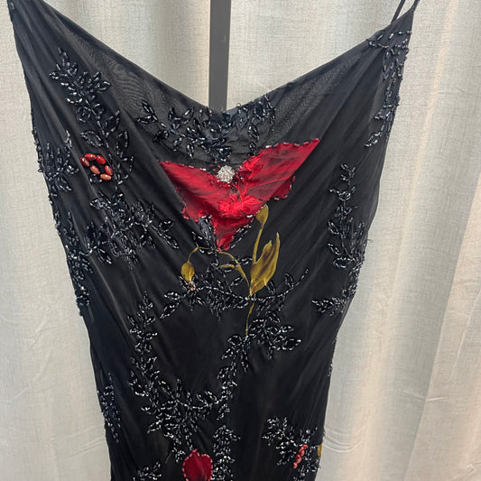 Black and Red Floral Beaded Asymmetrical Hem Silk Midi Dress