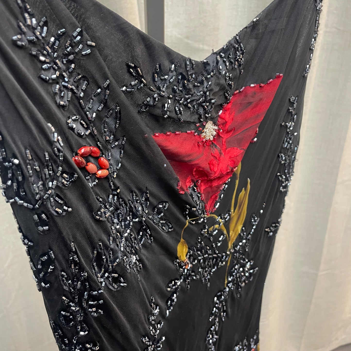 Black and Red Floral Beaded Asymmetrical Hem Silk Midi Dress