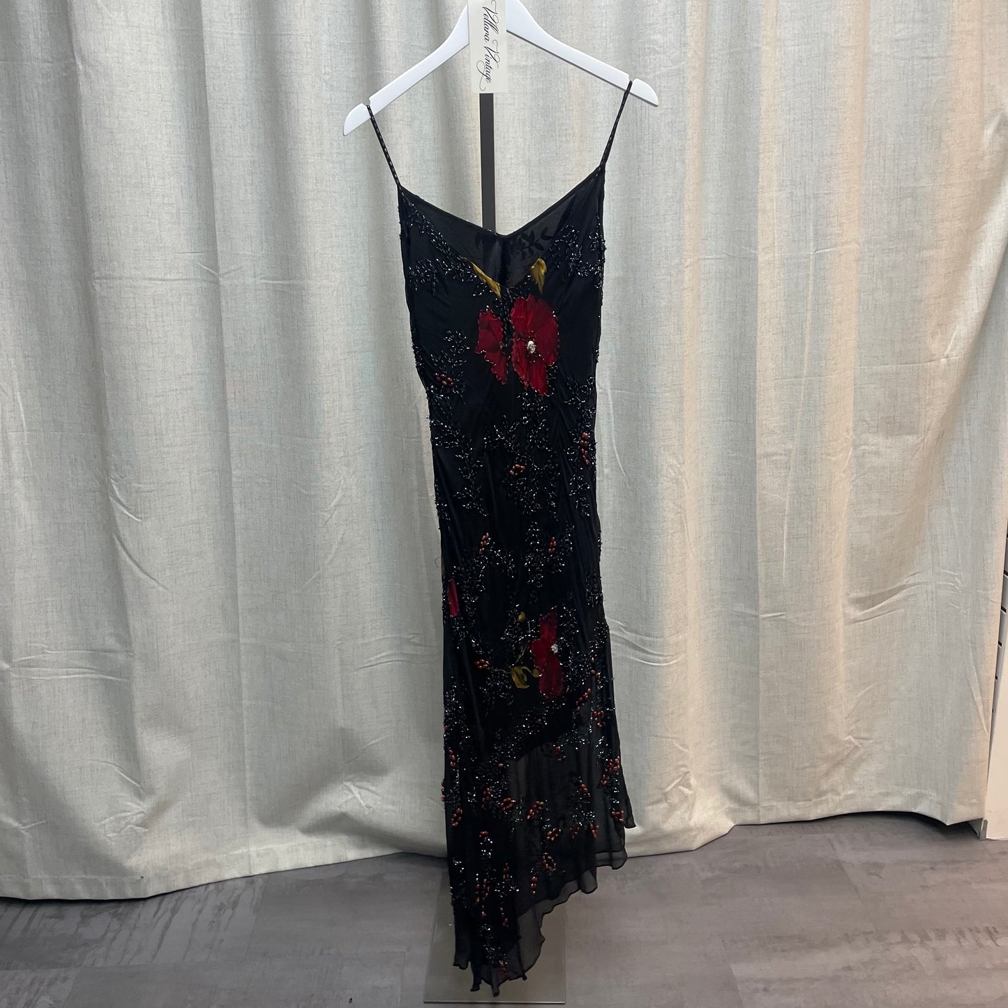 Black and Red Floral Beaded Asymmetrical Hem Silk Midi Dress