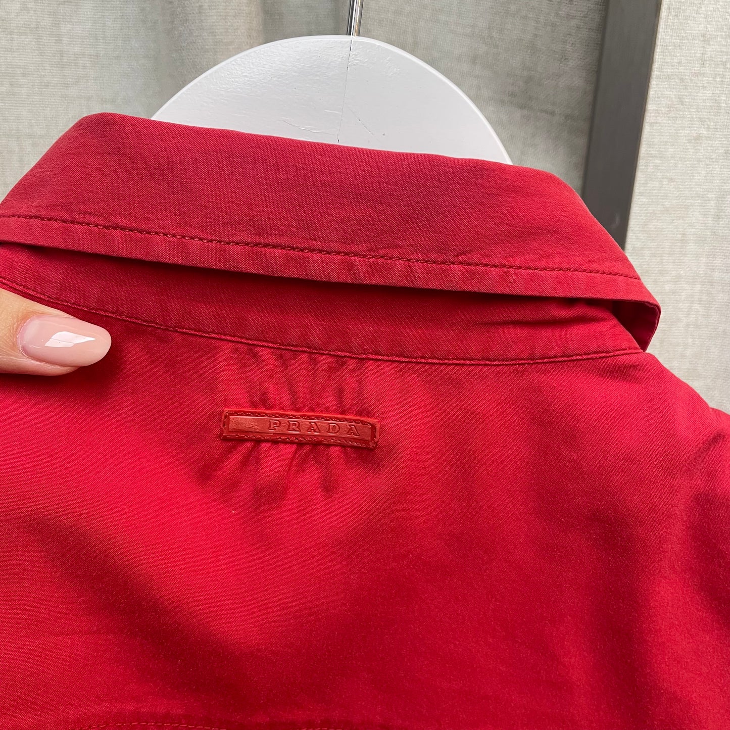 Prada Red Short Sleeve Button Up Blouse