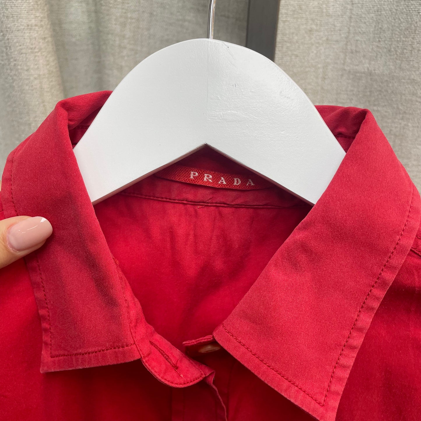 Prada Red Short Sleeve Button Up Blouse